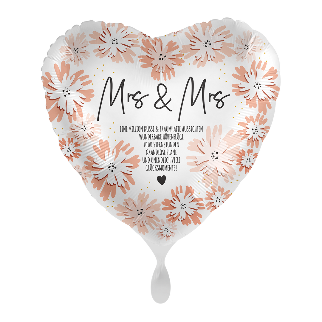 Herz-Folienballon „Mrs & Mrs“ in romantischem Design, ca. 43 cm, perfekt für Hochzeit & Feierlichkeiten – erhältlich bei HeyBalloon Viersen.