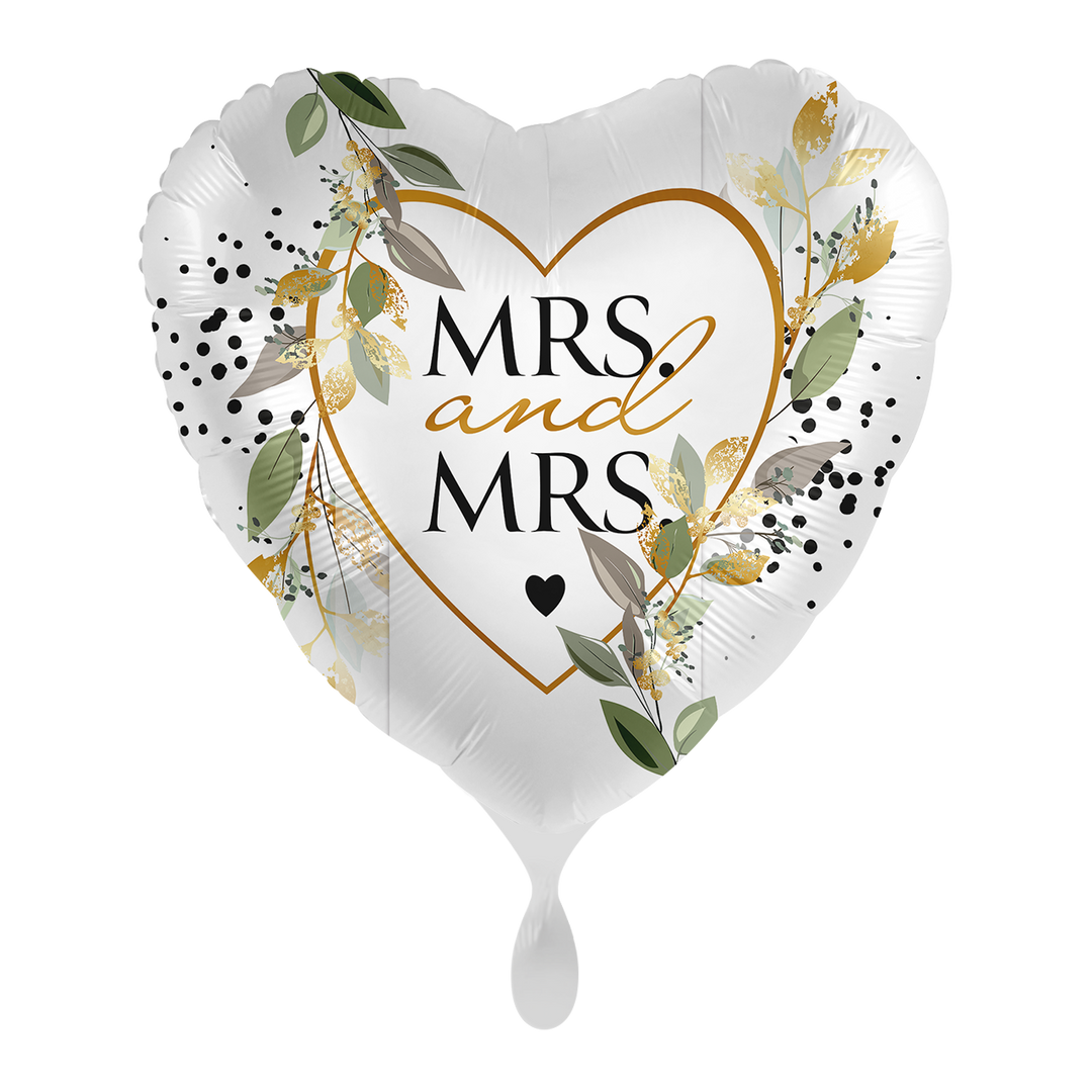 Herz-Folienballon „Mrs and Mrs“ in romantischem Design, ca. 43 cm, perfekt für Hochzeit & Feierlichkeiten – erhältlich bei HeyBalloon Viersen.