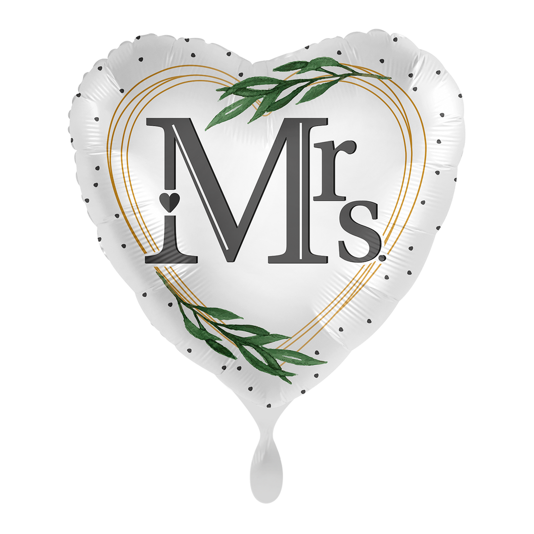 Herz-Folienballon „Mrs“ in stilvollem Design mit Blätterranken, ca. 43 cm, perfekt für Hochzeit & Feierlichkeiten – erhältlich bei HeyBalloon Viersen.
