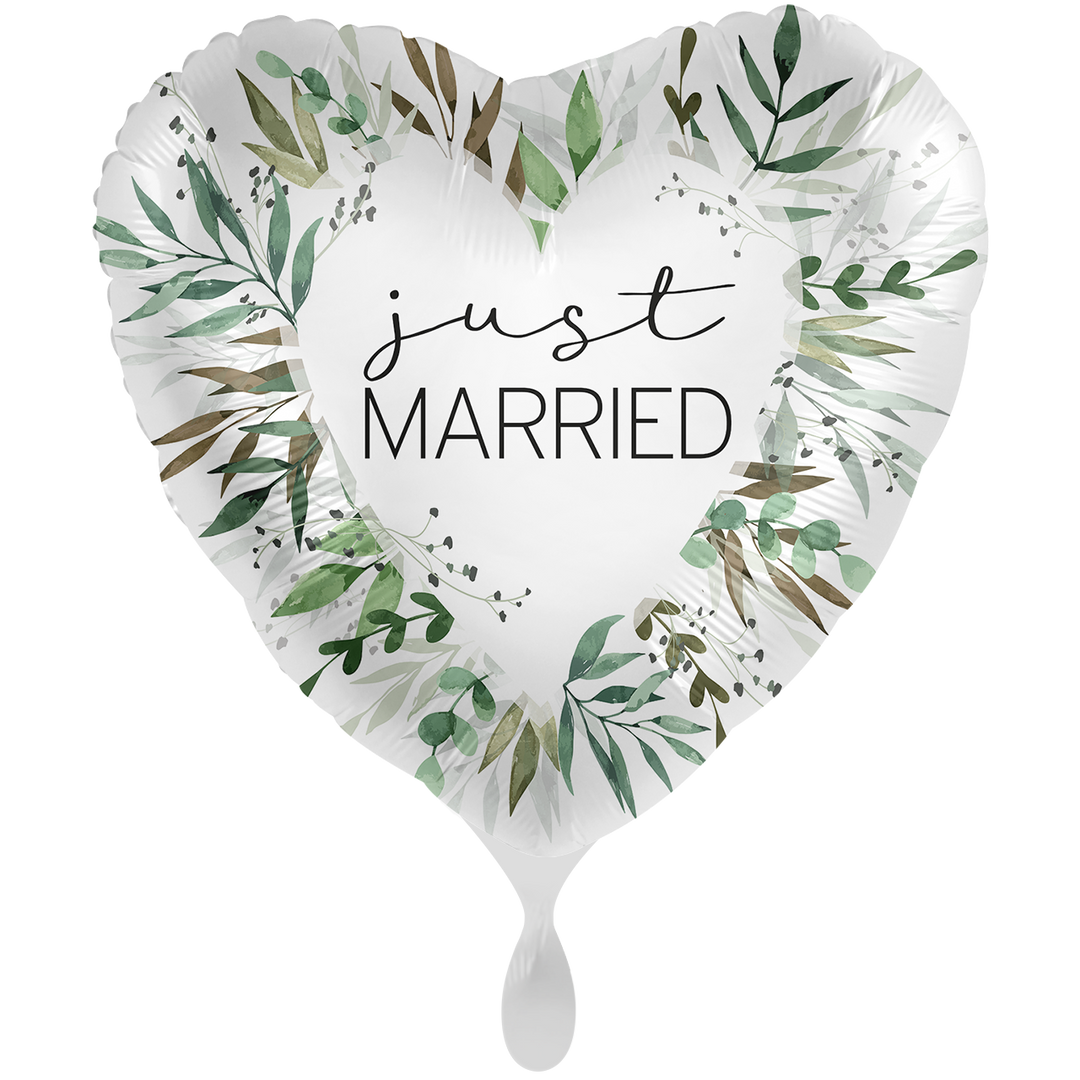 XXL Herz-Folienballon „Just Married“ mit Eukalyptus-Design, ca. 71 cm, perfekt für Hochzeiten & Feiern – erhältlich bei HeyBalloon Viersen.