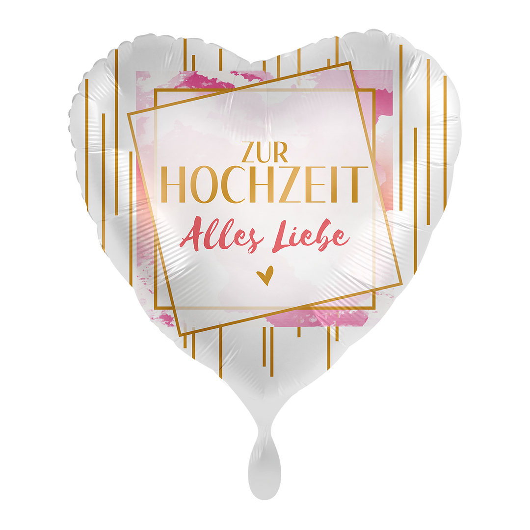 Hochzeitsballon Herz „Zur Hochzeit – Alles Liebe“ in Gold-Rosa, Folienballon 43 cm bei HeyBalloon Viersen nahe Mönchengladbach, Krefeld, Düsseldorf