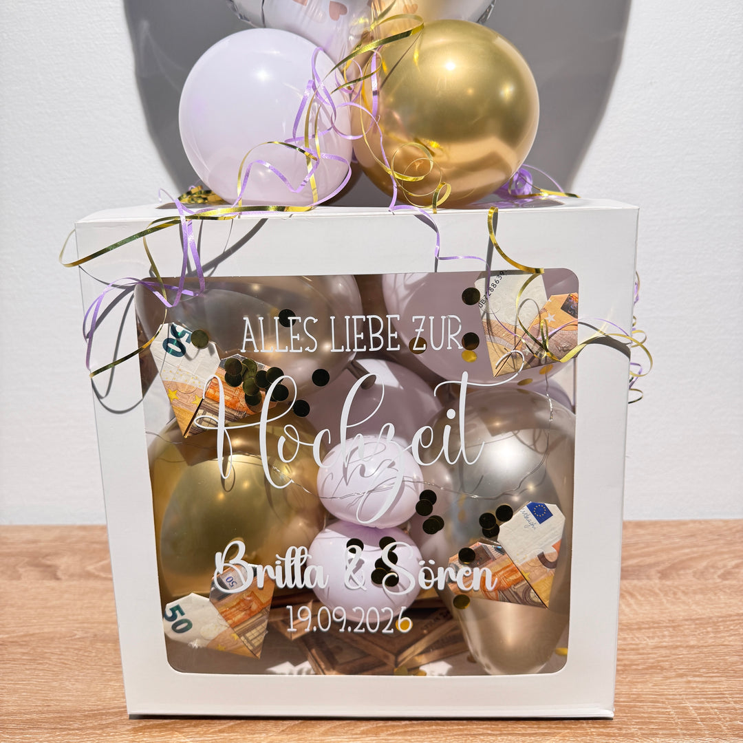 Geldgeschenk Hochzeit – personalisierte Ballonbox für das Brautpaar