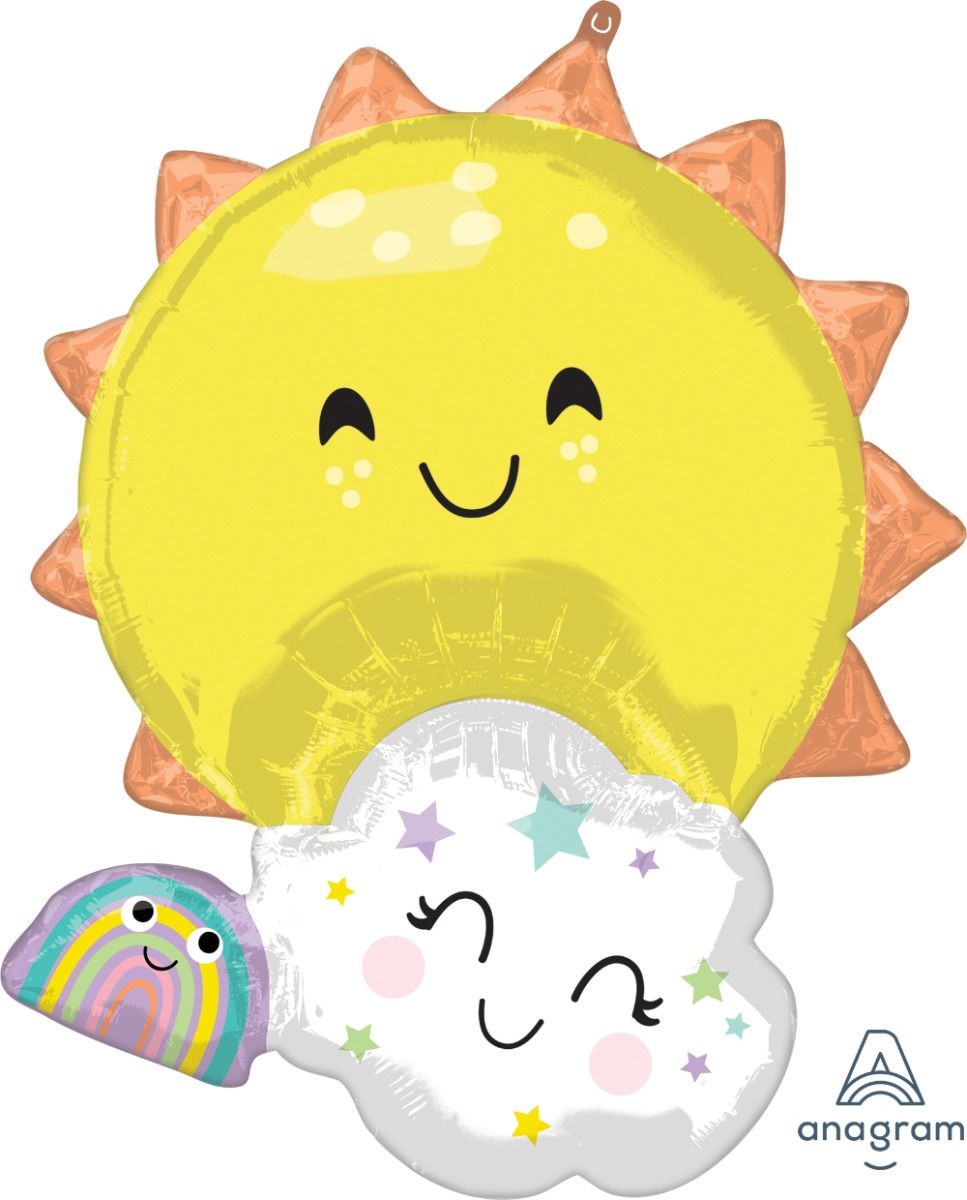 Lächelnder Sonne-Wolke-Regenbogen Folienballon in Gelb und Pastellfarben von Anagram.