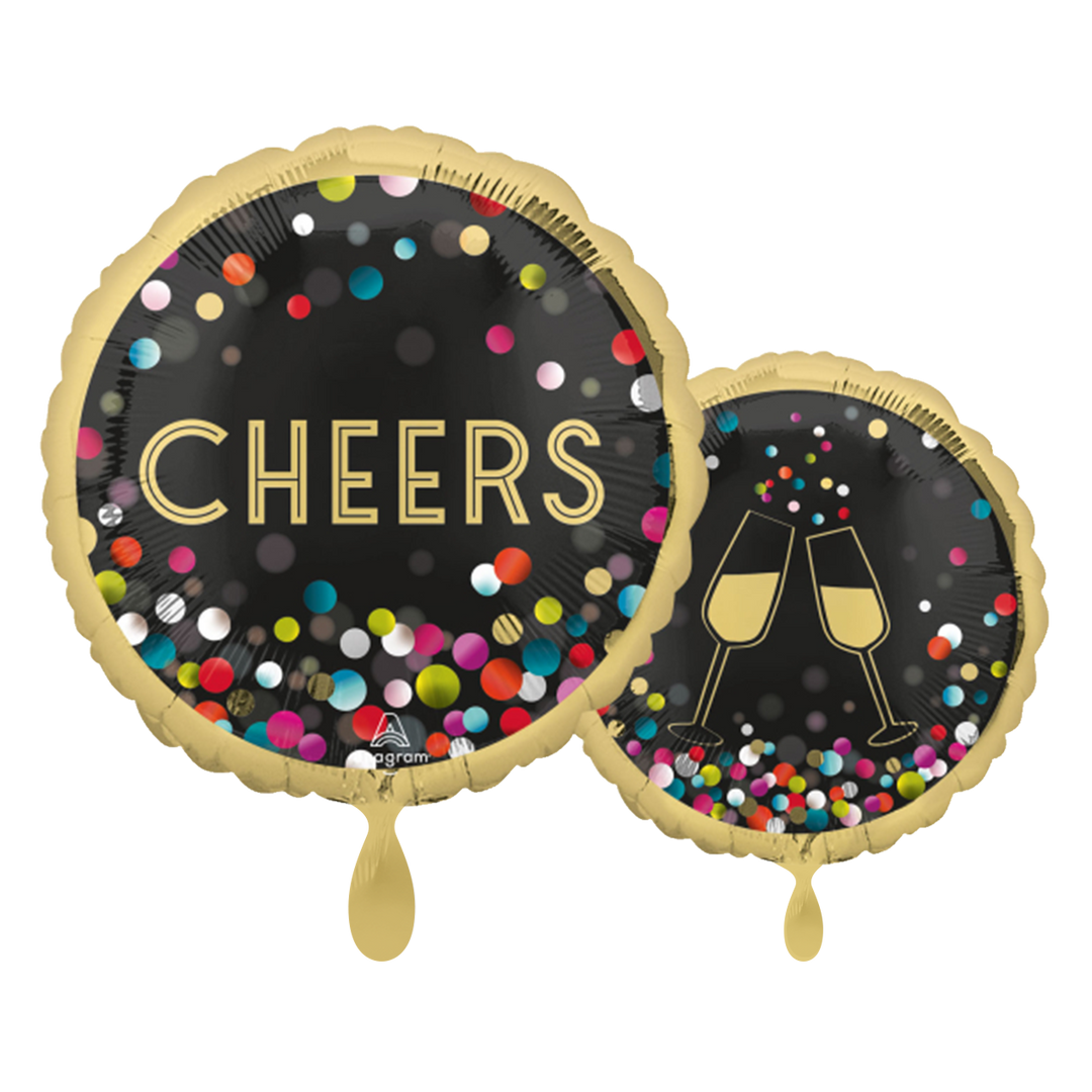 Runder Folienballon in Schwarz mit goldener Aufschrift „Cheers“, buntem Konfetti und Sektgläser-Motiv.