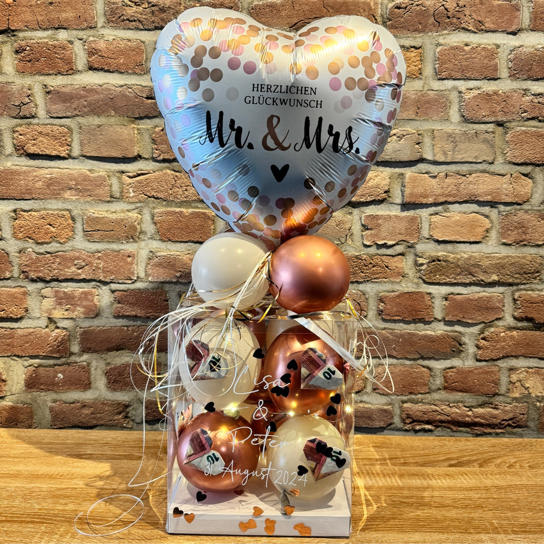 Personalisierte Ballonbox zur Hochzeit mit Highlightballon und Wunschtext als Geldgeschenk