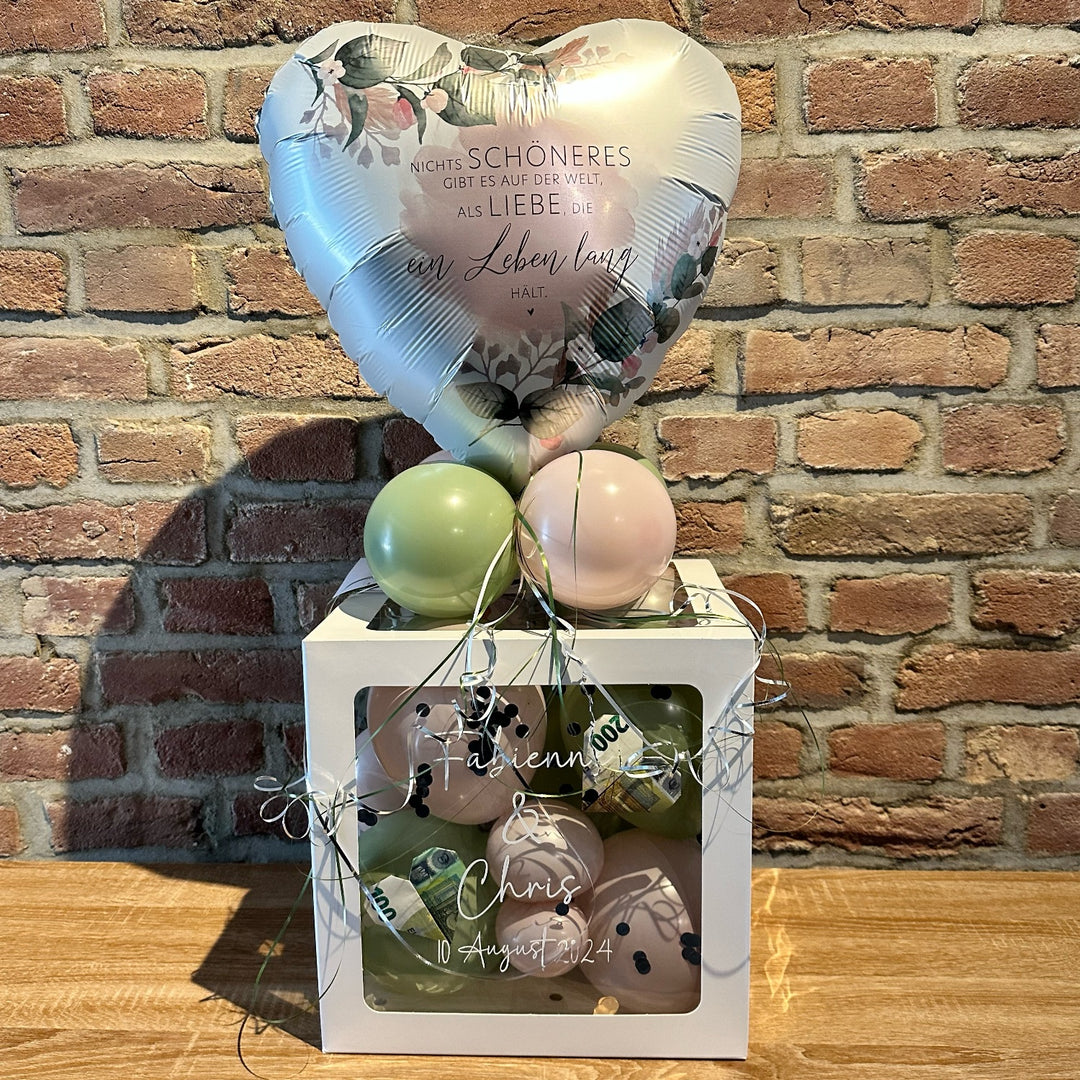 Personalisierte Ballonbox zur Hochzeit mit Highlightballon und Wunschtext als Geldgeschenk