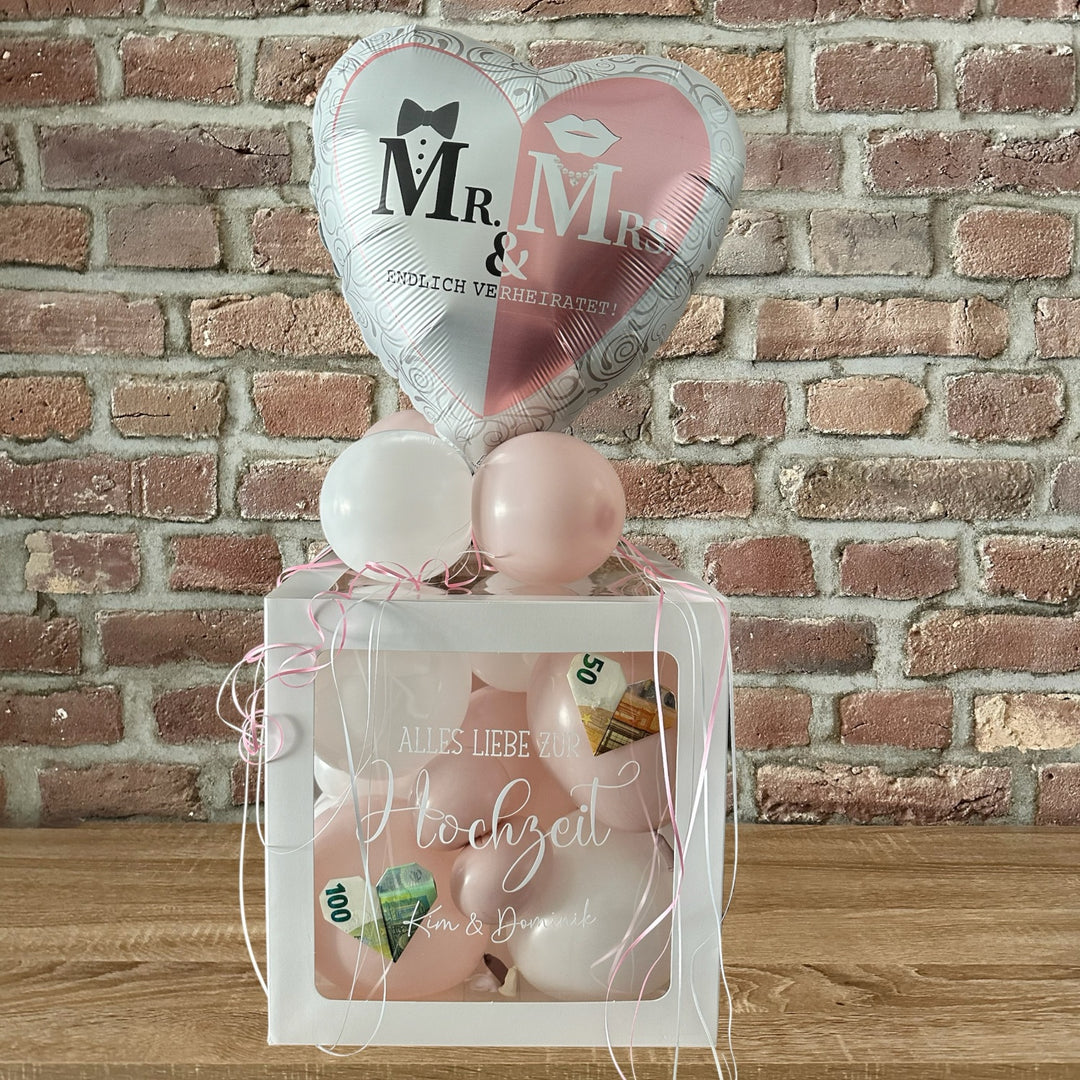 Personalisierte Ballonbox zur Hochzeit mit Highlightballon und Wunschtext als Geldgeschenk