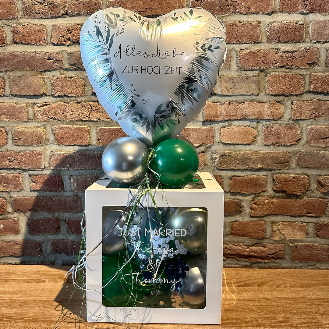Personalisierte Ballonbox zur Hochzeit mit Highlightballon und Wunschtext als Geldgeschenk