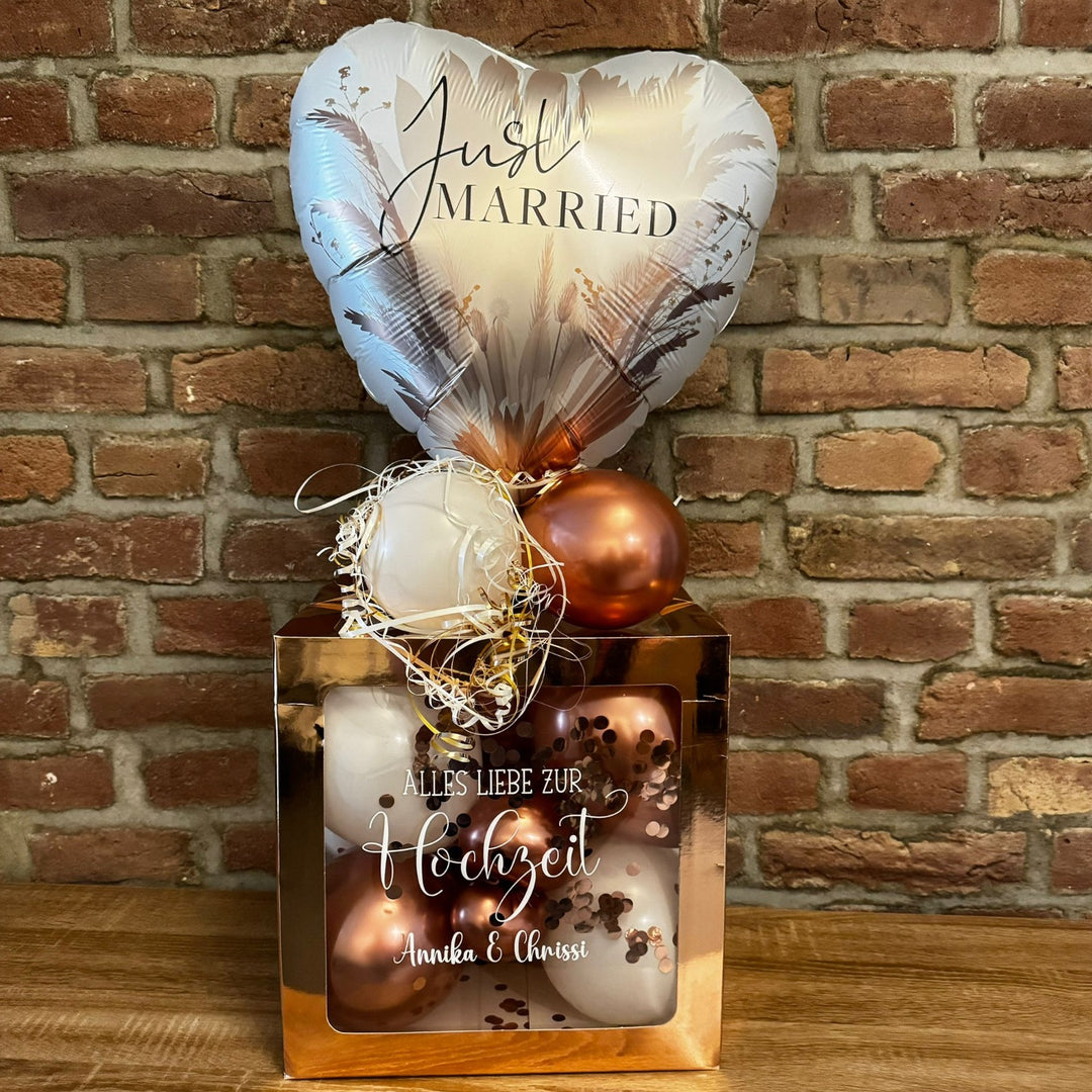 Personalisierte Ballonbox zur Hochzeit mit Highlightballon und Wunschtext als Geldgeschenk