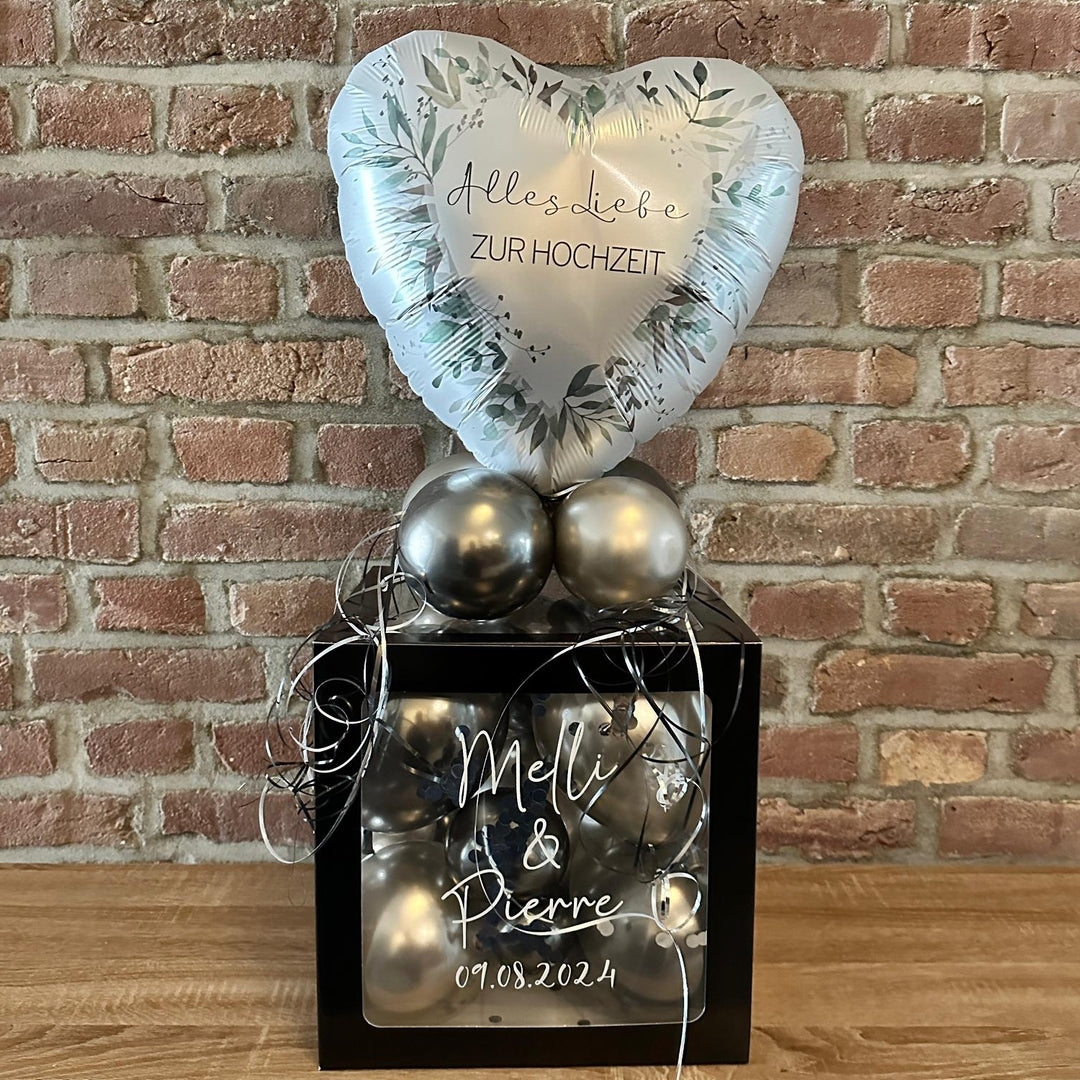 Personalisierte Ballonbox zur Hochzeit mit Highlightballon und Wunschtext als Geldgeschenk