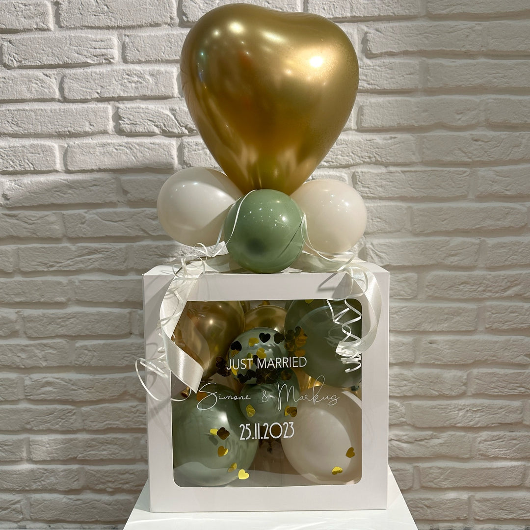 Personalisierte Ballonbox zur Hochzeit mit Highlightballon und Wunschtext als Geldgeschenk