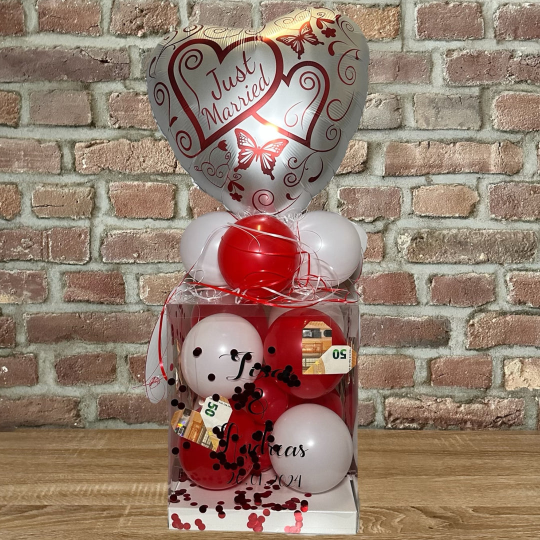 Personalisierte Ballonbox zur Hochzeit mit Highlightballon und Wunschtext als Geldgeschenk