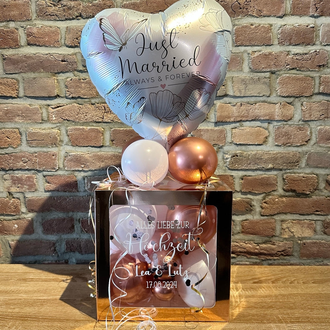 Personalisierte Ballonbox zur Hochzeit mit Highlightballon und Wunschtext als Geldgeschenk