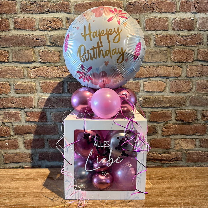 Personalisierte Ballonbox zum Geburtstag mit Highlightballon und Wunschtext als Geldgeschenk oder Geschenkidee