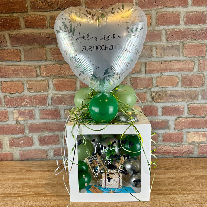 Personalisierte Ballonbox zur Hochzeit mit Highlightballon und Wunschtext als Geldgeschenk