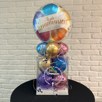 Personalisierte Ballonbox zur Kommunion mit Highlightballon und Wunschtext als Geldgeschenk oder Geschenkidee. 