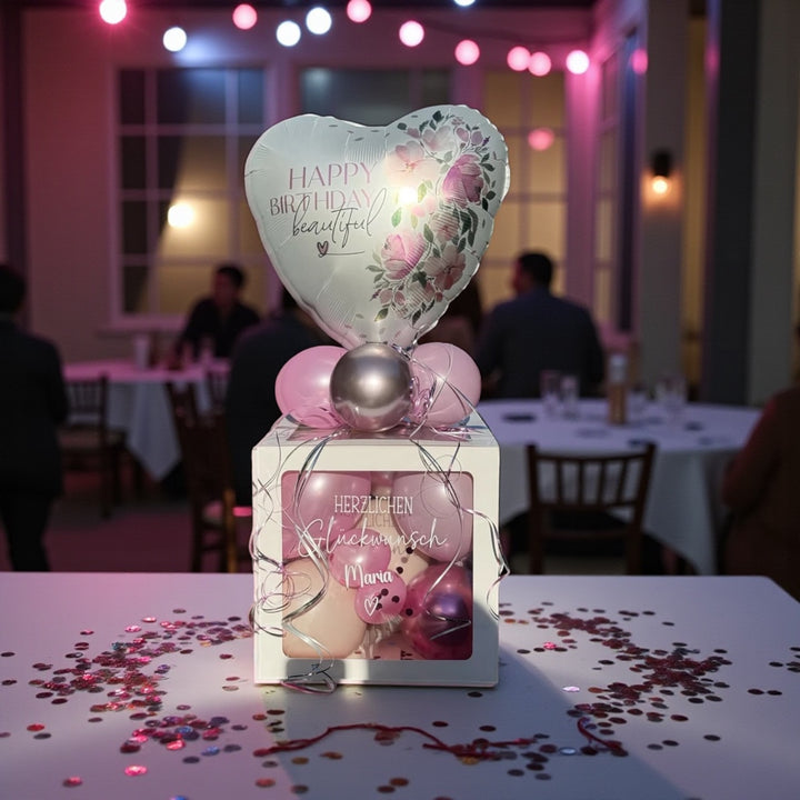 Personalisierte Ballonbox zum Geburtstag mit Highlightballon und Wunschtext als Geldgeschenk oder Geschenkidee