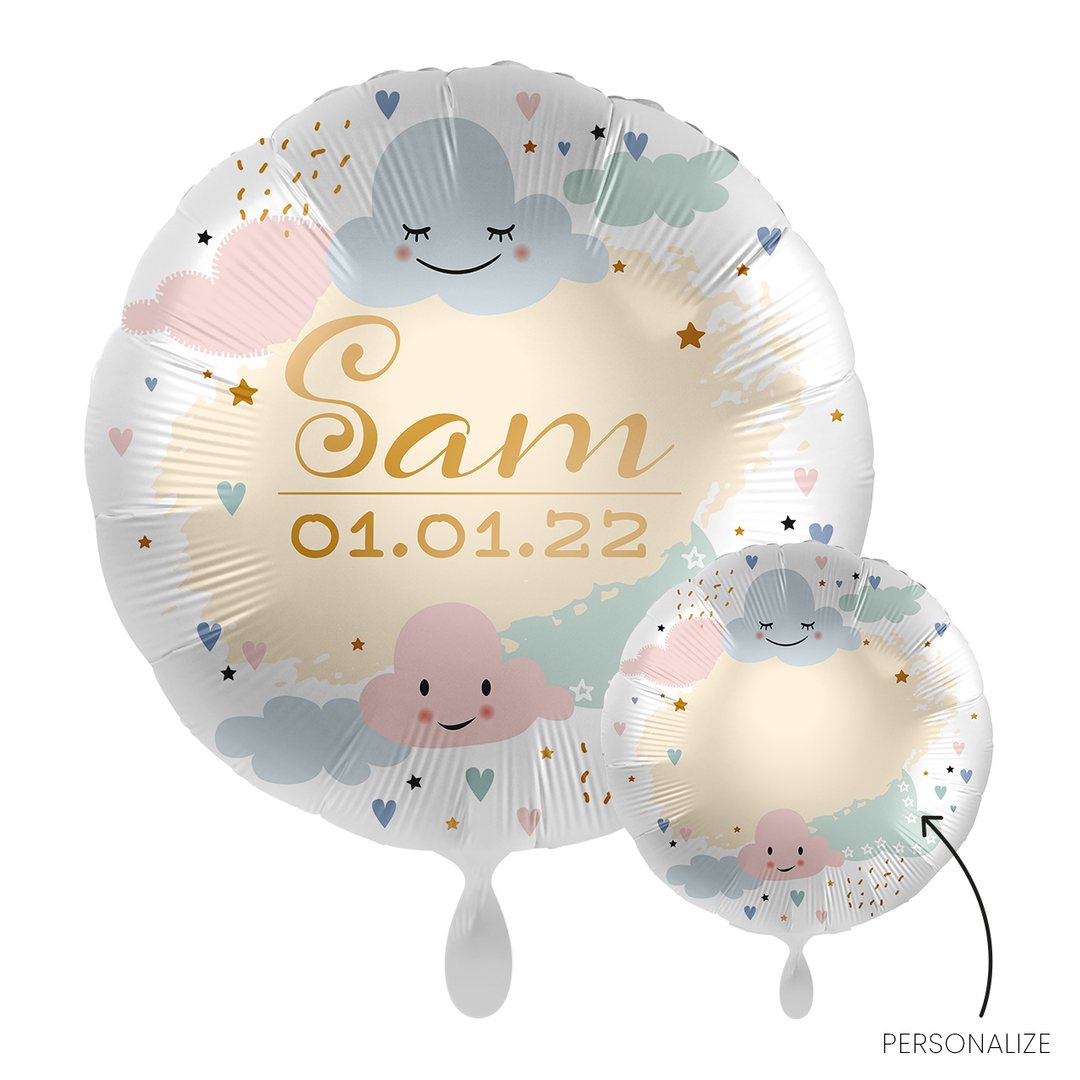 Personalisierter Ballon rund – Folienballon 43 cm mit Wolken-Design und Wunschtext