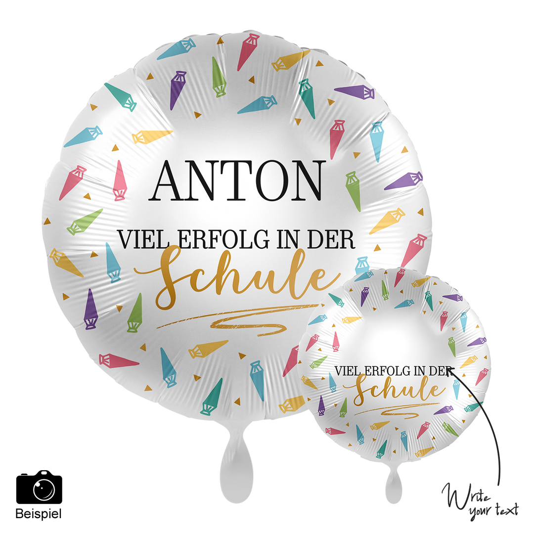 Personalisierter Folienballon zur Einschulung mit Wunschname und Schriftzug „Viel Erfolg in der Schule“, 45 cm