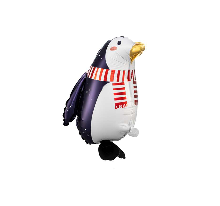 Pinguin Folienballon mit rotem Schal, Walking Balloon, ca. 90 cm hoch – Winter- und Weihnachtsdeko
