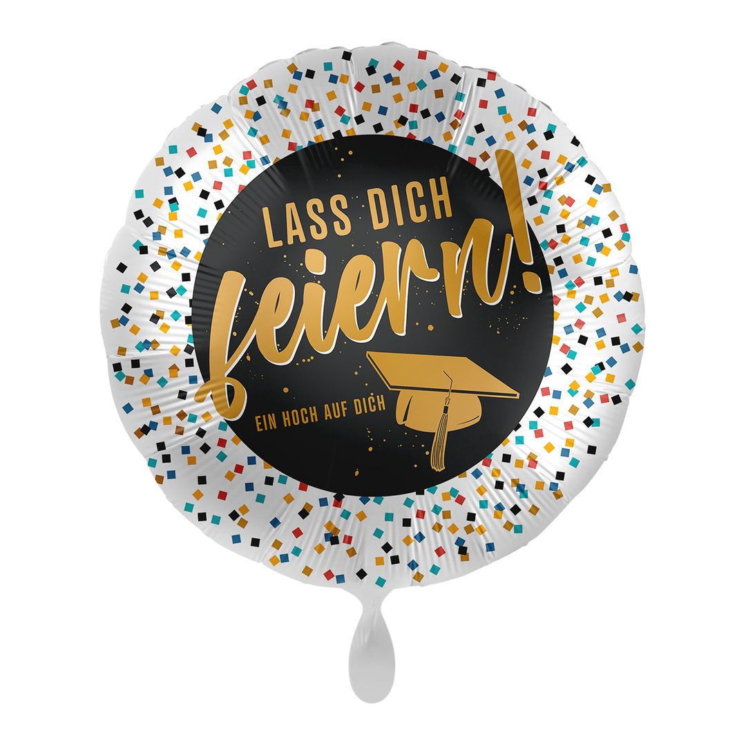 Runder Folienballon mit buntem Konfetti-Rand und der Aufschrift „Lass dich feiern – Ein Hoch auf dich“ in Schwarz-Gold