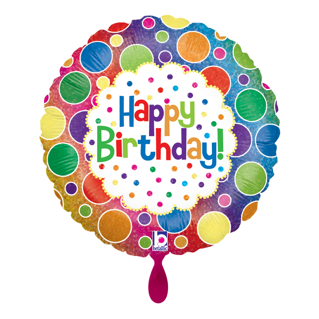 Regenbogenpunkte alles in bunt drumherum in der Mitte weiß mit Punkten und dem Schriftzug in bunt Happy Birthday 