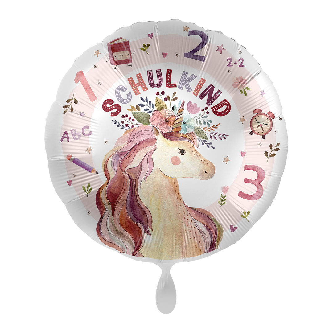 Runder Einschulungs-Folienballon mit Einhornmotiv und Schuldesign, 43 cm