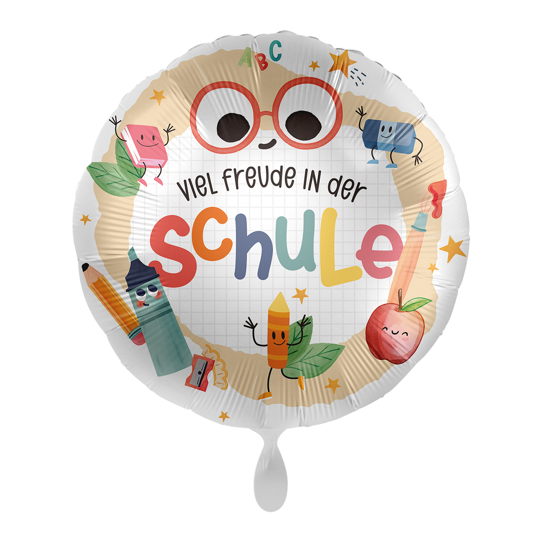 Runder Einschulungs-Folienballon mit bunten Schulmotiven und Schriftzug „Viel Freude in der Schule“, 43 cm