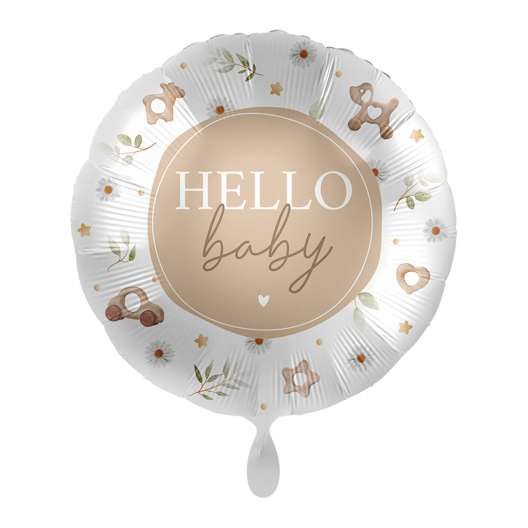 Runder Folienballon 71 cm in Weiß-Beige mit Aufschrift „Hello Baby“ und Boho-Motiv
