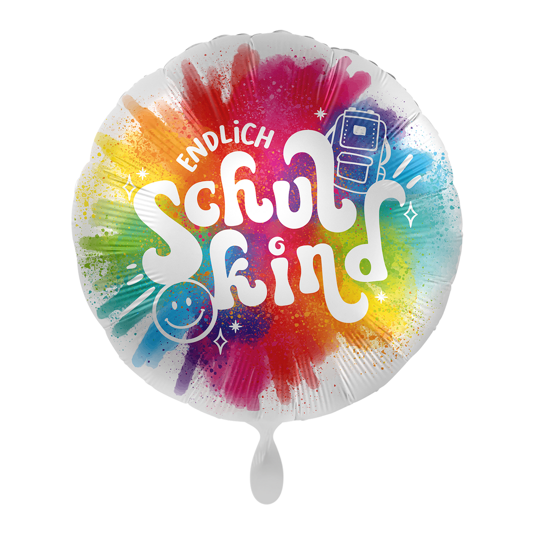 Runder Folienballon mit buntem Farbklecks-Design und dem Schriftzug „Endlich Schulkind“ sowie Schulranzen-Motiv.