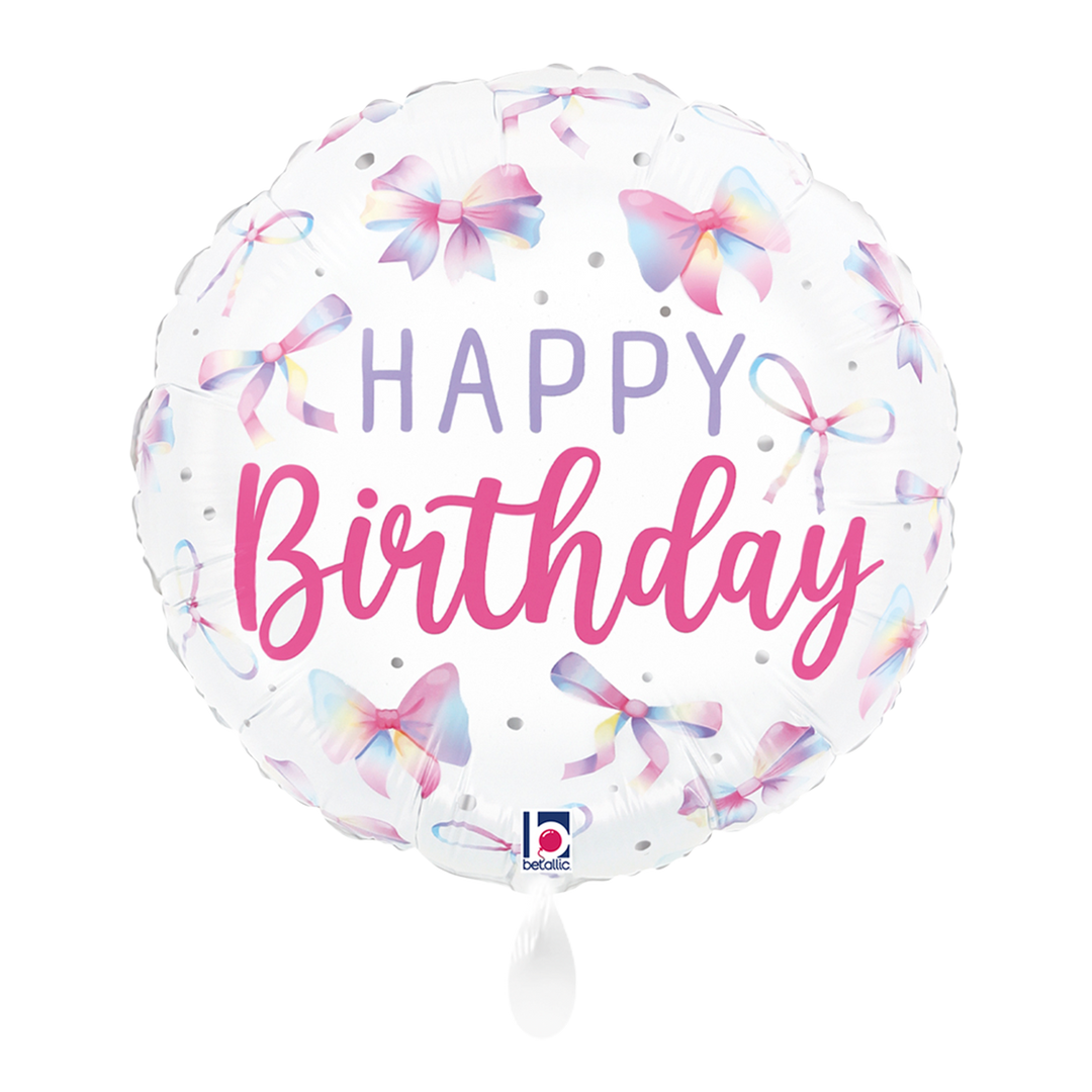 Runder Happy Birthday Folienballon mit bunten Pastell-Schleifen und rosa Schriftzug, 43 cm