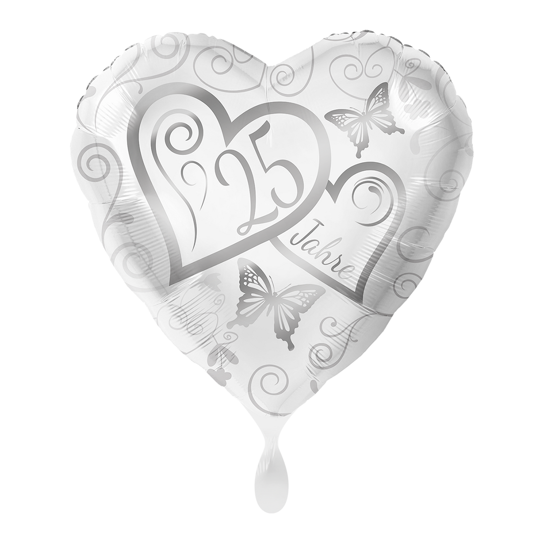 Silberhochzeit Ballon Herz „25 Jahre“ in Weiß und Silber – eleganter Folienballon 43 cm mit Ornamenten und Schmetterlingen für Jubiläum oder Feier