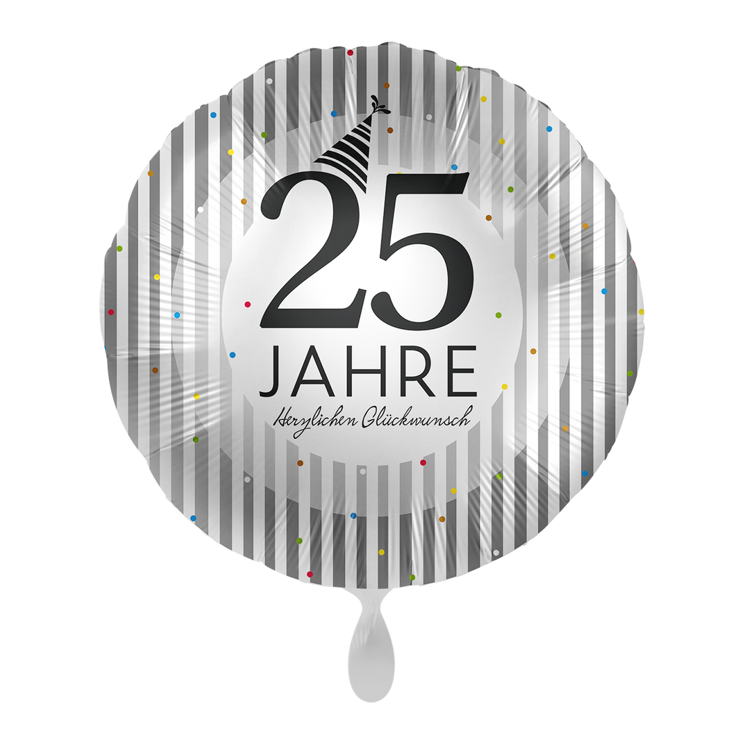 Silberhochzeitsballon rund „25 Jahre – Herzlichen Glückwunsch“ in Silber mit Party-Design, 43 cm bei HeyBalloon Viersen nahe Mönchengladbach, Krefeld, Düsseldorf