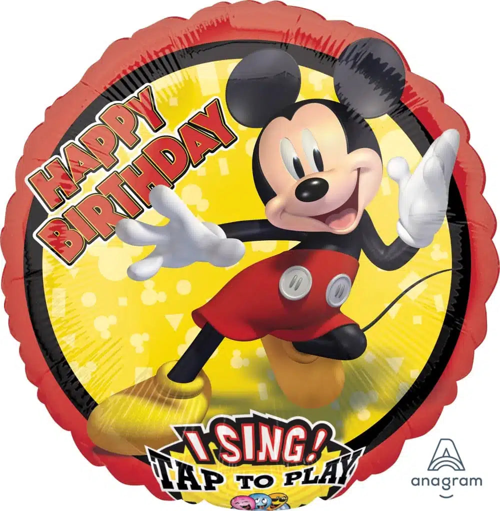 Runder Folienballon mit Mickey Mouse Motiv und „Happy Birthday“-Aufdruck – singt beim Antippen ein Geburtstagslied – 71 cm