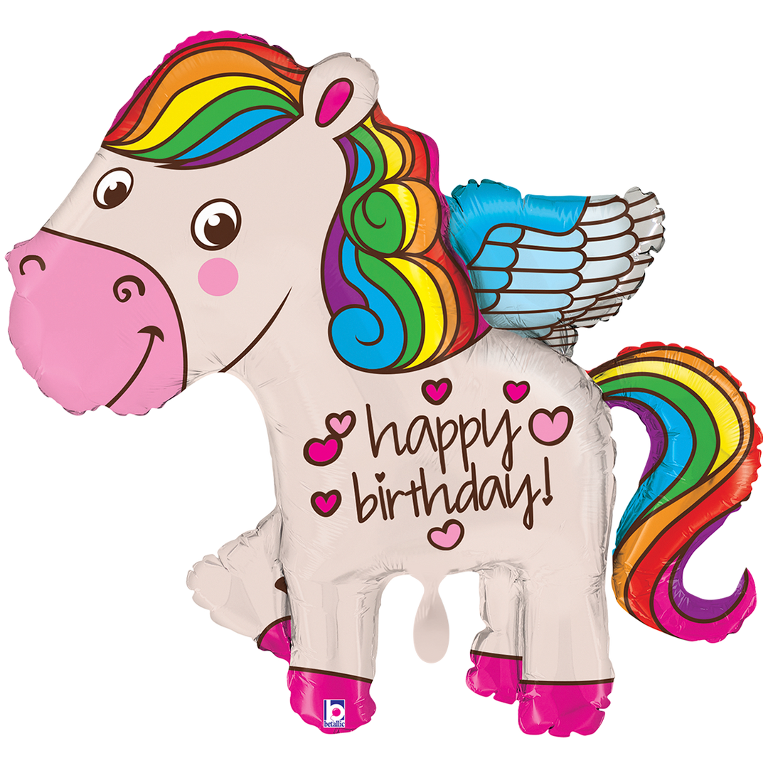Weißer Einhorn-Folienballon mit Regenbogenmähne, Flügeln und Happy Birthday Aufdruck