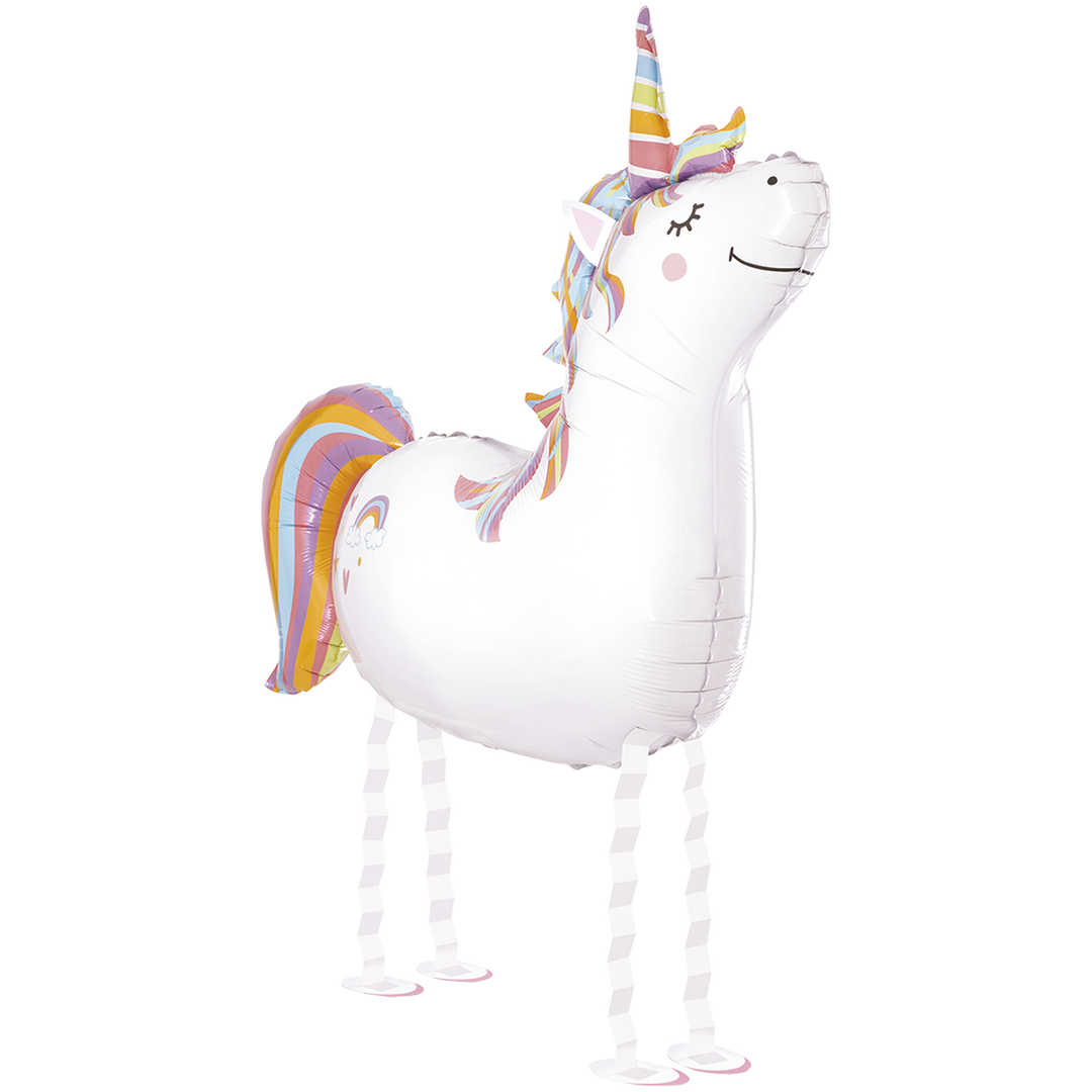 Weißer Walking Einhorn Folienballon mit Regenbogenmähne und beweglichen Beinen, 91 cm