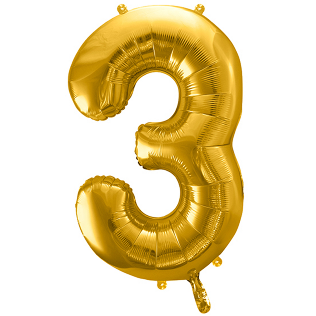 Großer Zahlenballon 3 in gold, 86 cm – ideal für Geburtstag, Jubiläum, Hochzeit oder Firmenfeier – mit Helium oder Luft befüllbar