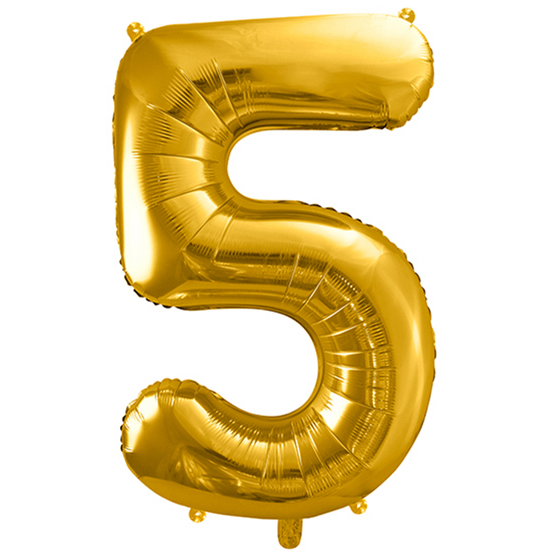 Großer Zahlenballon 5 in gold, 86 cm – ideal für Geburtstag, Jubiläum, Hochzeit oder Firmenfeier – mit Helium oder Luft befüllbar