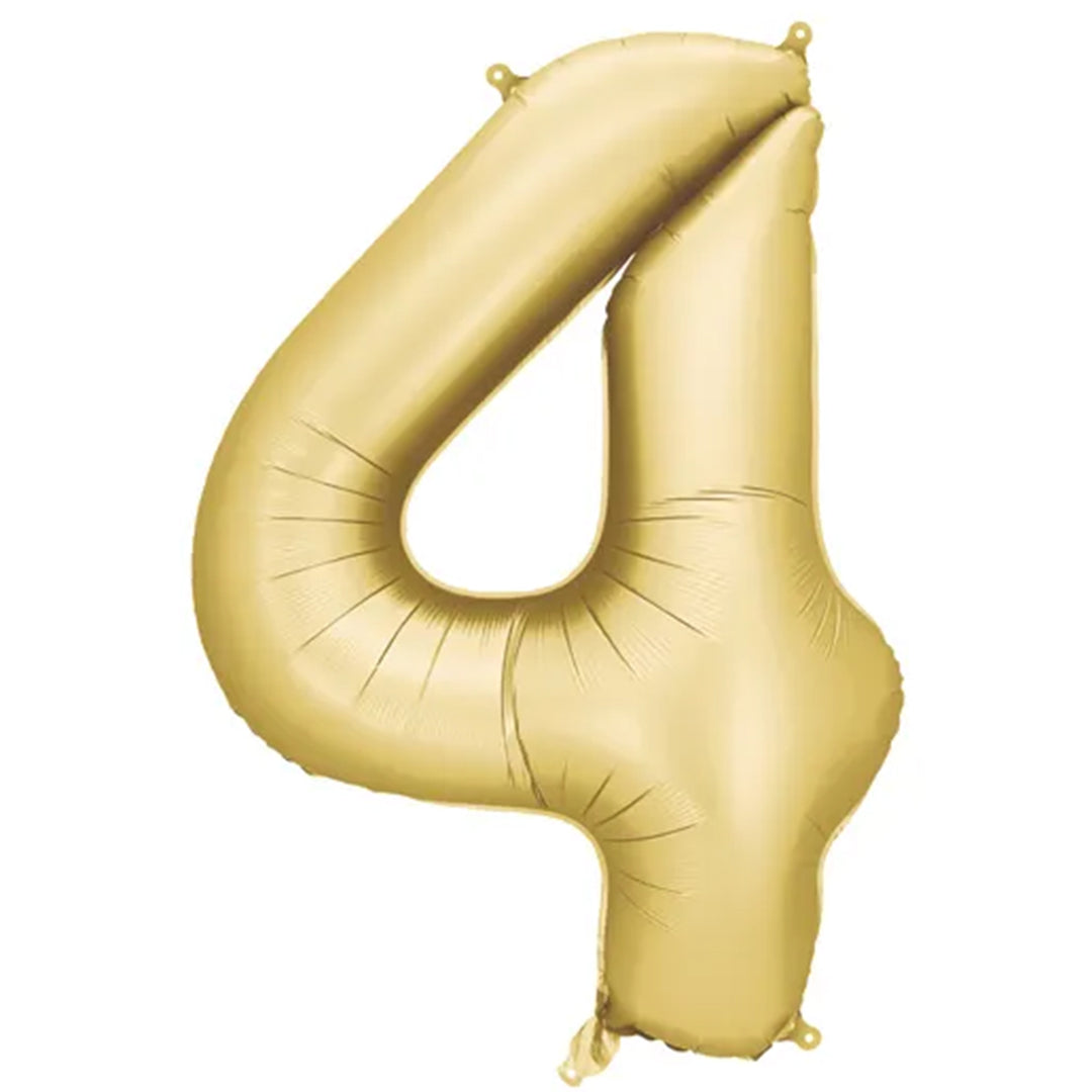 Großer Zahlenballon 4 in gold matt, 86 cm – ideal für Geburtstag, Jubiläum, Hochzeit oder Firmenfeier – mit Helium oder Luft befüllbar