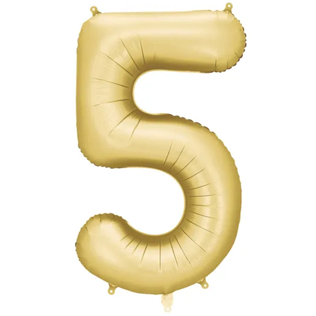 Großer Zahlenballon 5 in gold matt, 86 cm – ideal für Geburtstag, Jubiläum, Hochzeit oder Firmenfeier – mit Helium oder Luft befüllbar
