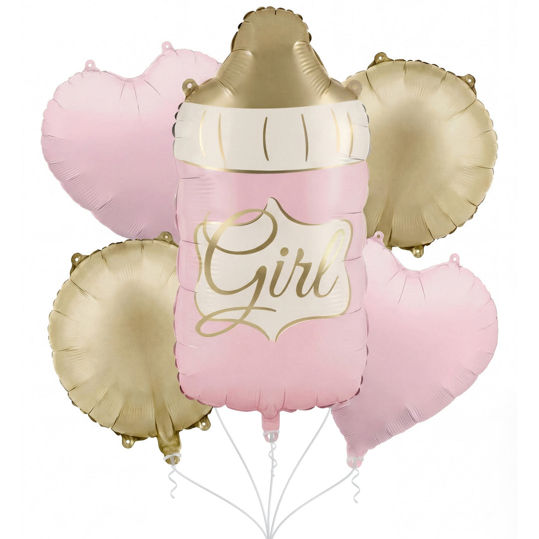 Ballon-Set mit Babyflasche „Girl“ in Rosa-Gold, zwei rosa Herzen und zwei goldenen Ballons, zur Geburt