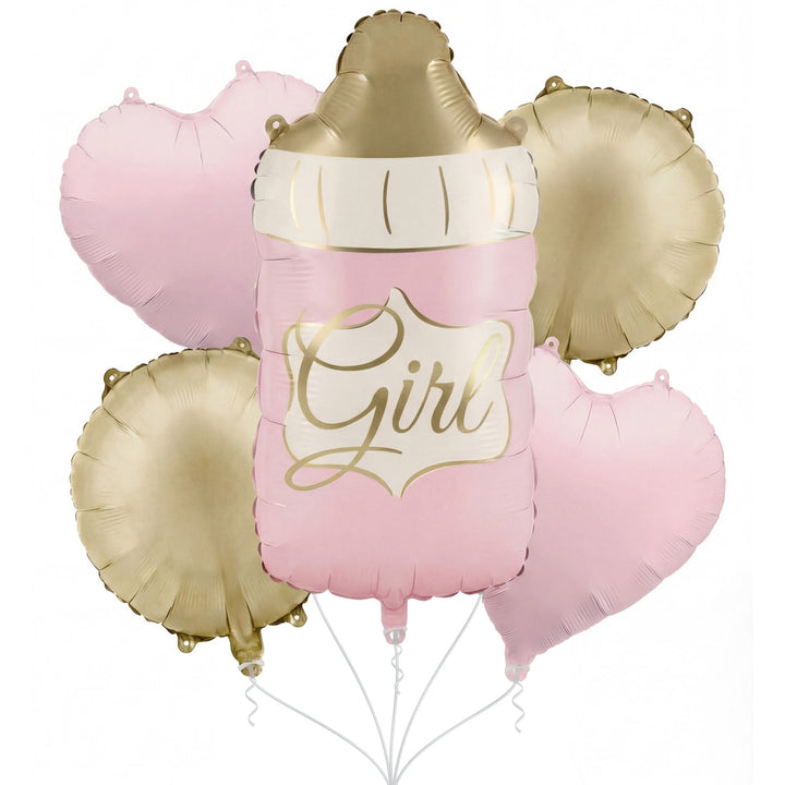 Ballon-Set mit Babyflasche „Girl“ in Rosa-Gold, zwei rosa Herzen und zwei goldenen Ballons, zur Geburt