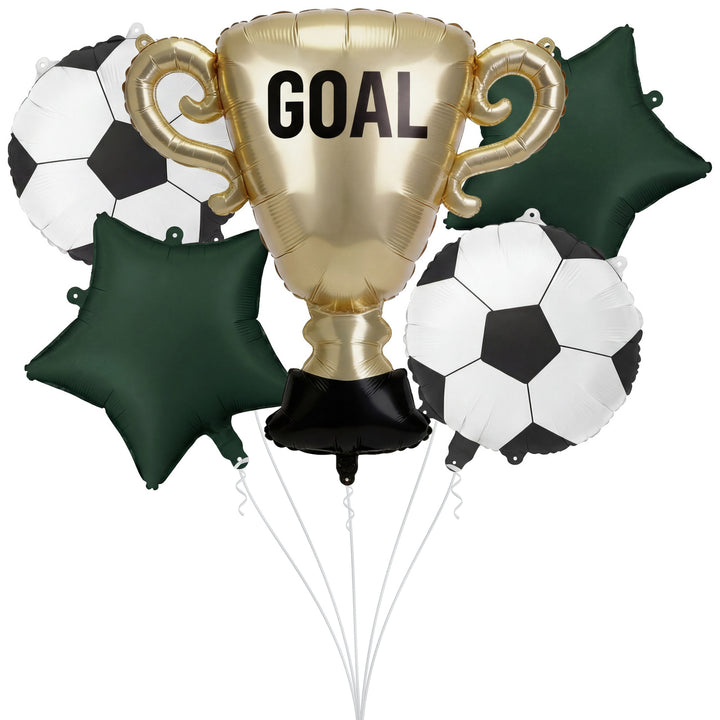 Ballon-Set Fußball: goldener Pokal mit Aufschrift GOAL, zwei schwarz-weiße Fußbälle und zwei dunkelgrüne Sterne