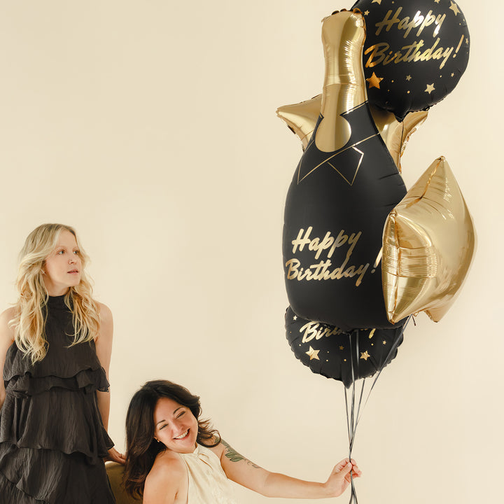 Ballon-Set „Happy Birthday“ Schwarz-Gold mit Sektflasche zum Geburtstag, weitere Ansicht