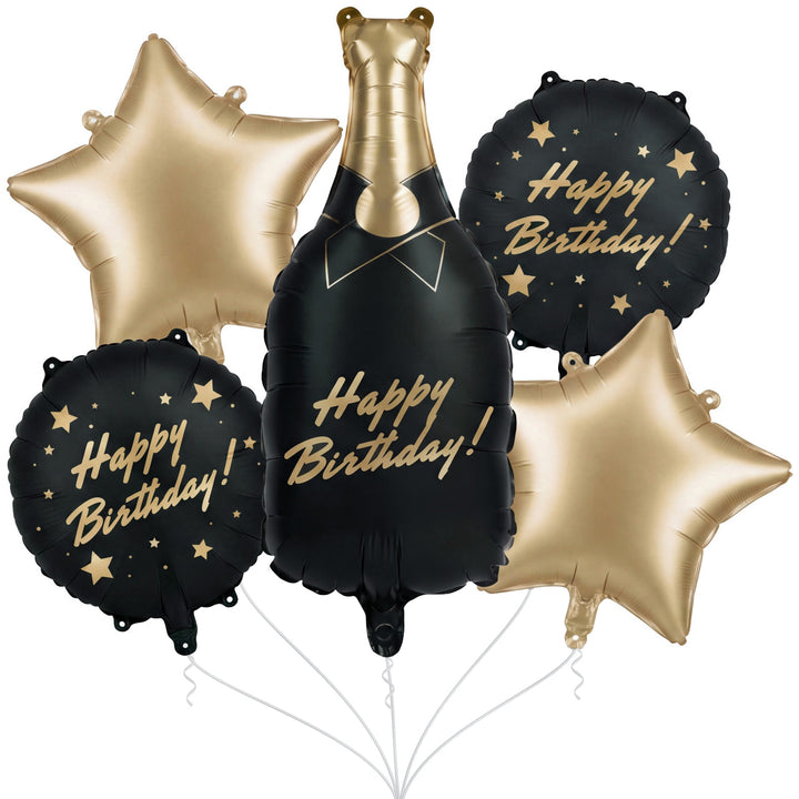 Ballon-Set „Happy Birthday“ in Schwarz-Gold mit Sektflasche, zwei runden Ballons und zwei goldenen Sternen, 5-teilig