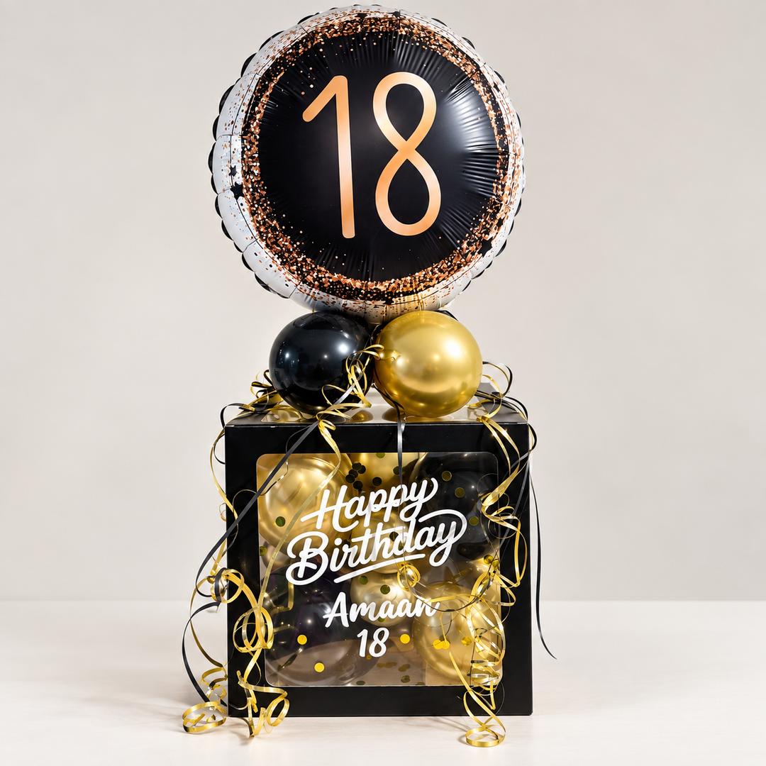 Personalisierte Ballonbox zum 18. Geburtstag in Schwarz und Gold mit Wunschname und 18er Ballon
