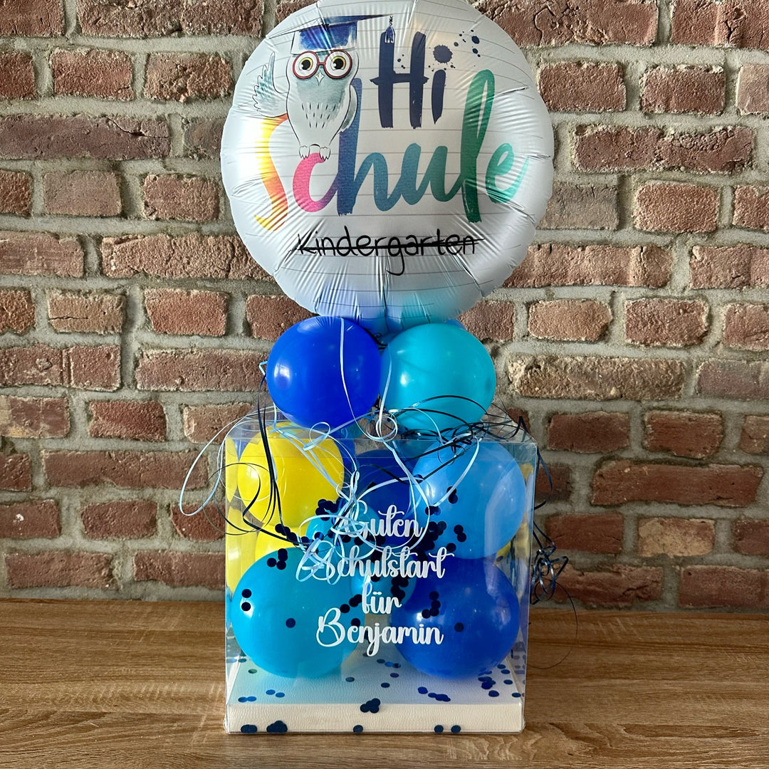 Personalisierte Ballonbox zur Einschulung mit Hi Schule Ballon