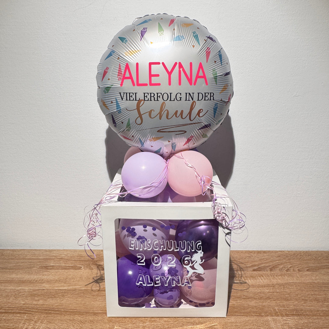 Personalisierte Ballonbox zur Einschulung für Mädchen in Rosa und Lila mit Name
