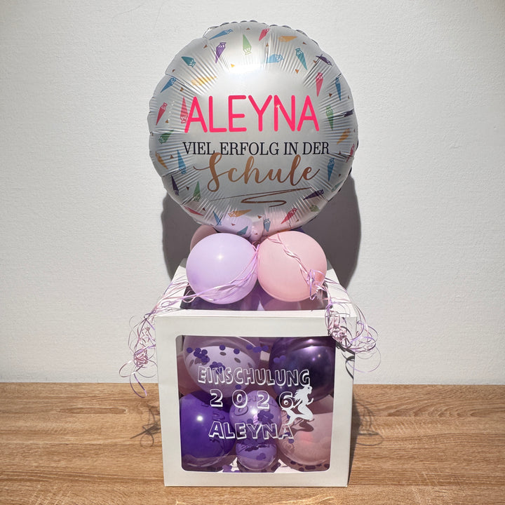 Personalisierte Ballonbox zur Einschulung für Mädchen in Rosa und Lila mit Name