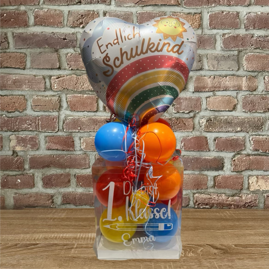     Personalisierte Ballonbox zur Einschulung mit Endlich Schulkind Ballon